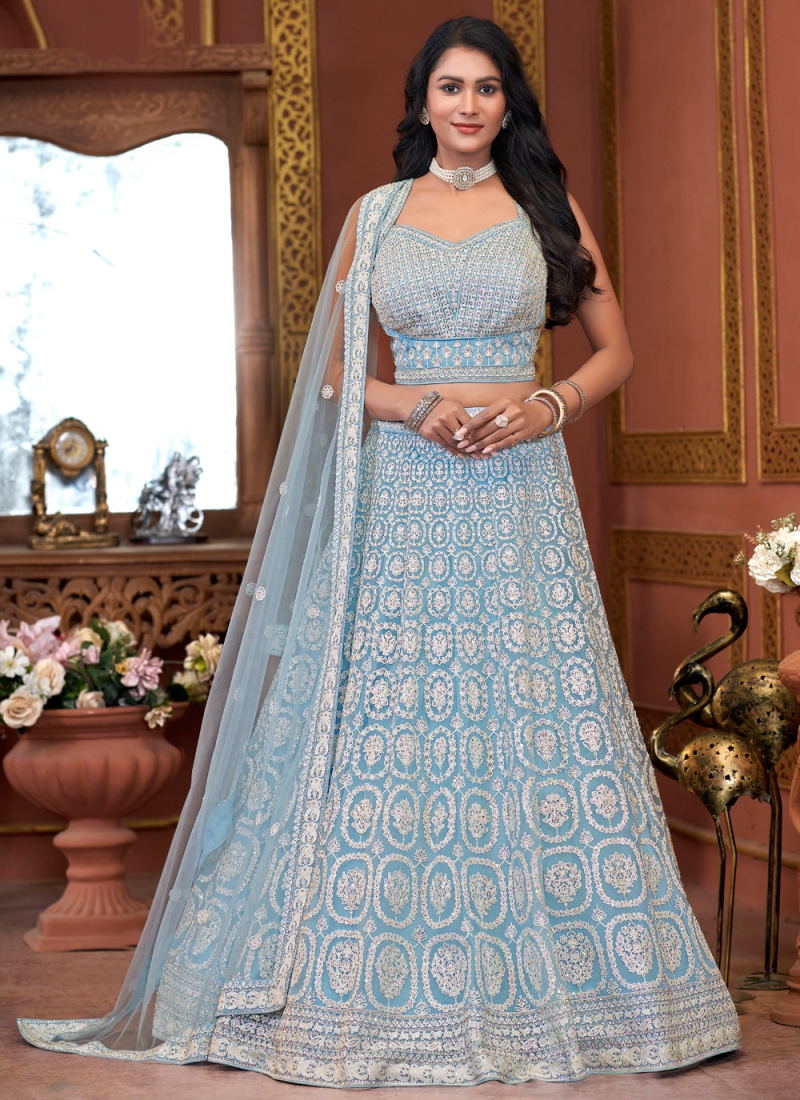 Engrossing Stone Aqua Blue Readymade Lehenga Choli