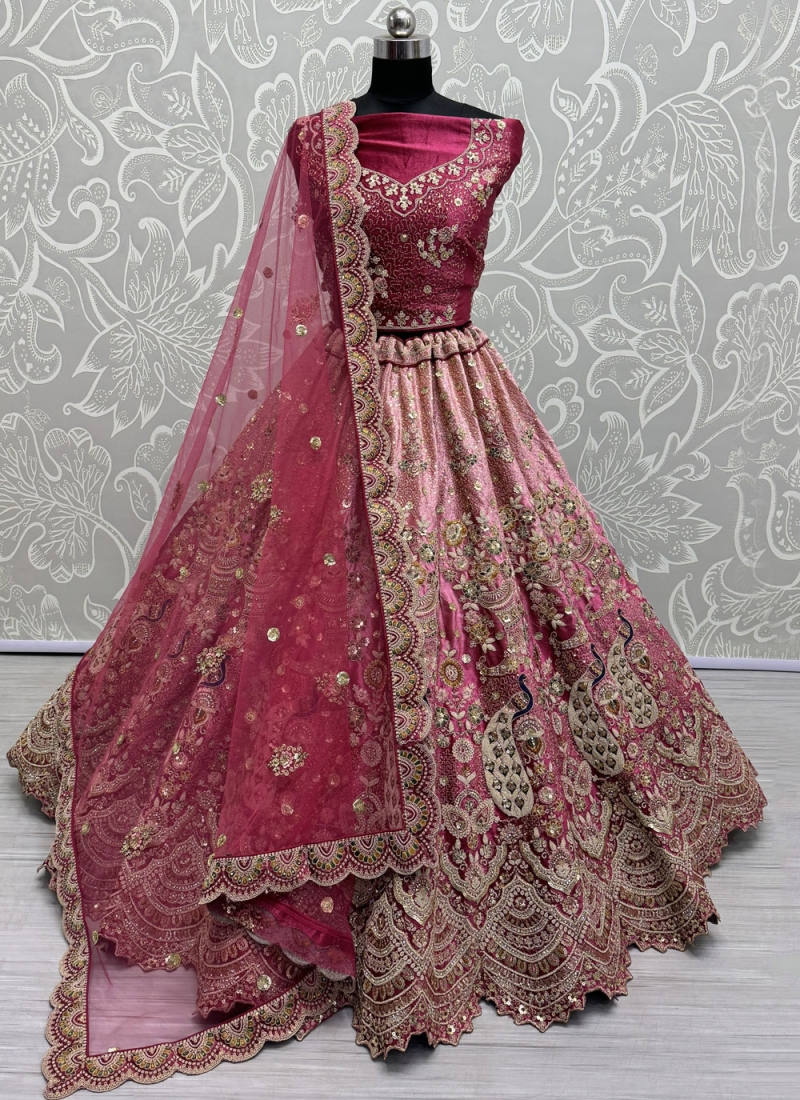 Enthralling Pink and Rani Thread Velvet Lehenga Choli