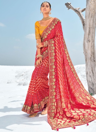 Enticing Georgette Patola Print Rani and Red Traditional Saree