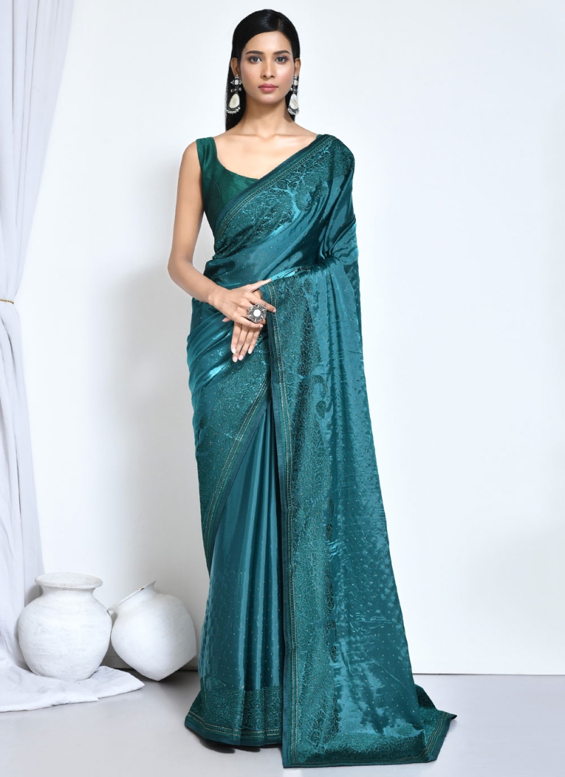 Enticing Satin Silk Teal Trendy Saree