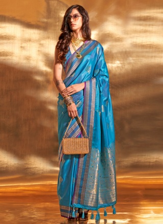 Epitome Blue Weaving Handloom silk Trendy Saree
