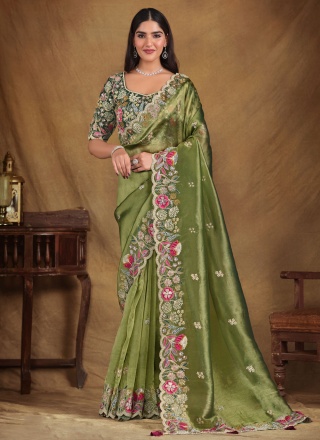 Exceeding Green Moti Glass Tissue Contemporary Saree