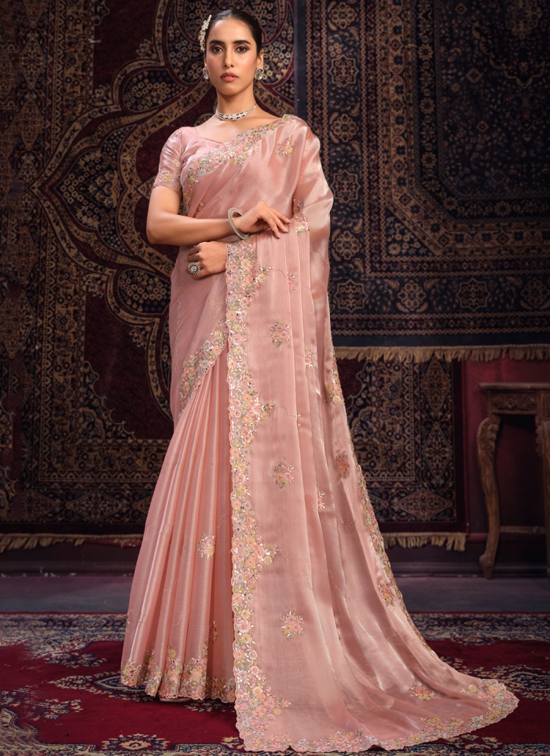 Excellent Organza Peach Traditional Saree