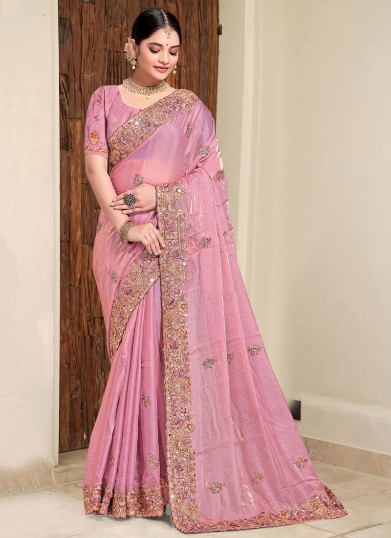 Excellent Pink Khatli Work Silk Contemporary Style Saree