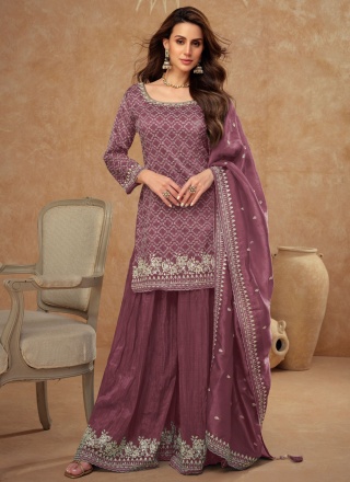 Excellent Silk Embroidered Purple Palazzo Salwar Kameez