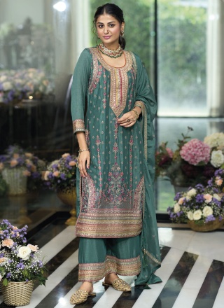 Exceptional Teal Zari Chinon Designer Salwar Kameez