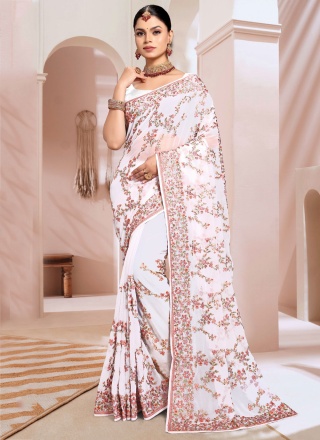 Exceptional White Embroidered Contemporary Saree