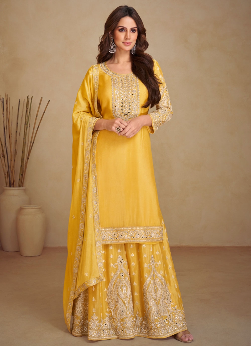 Exciting Fancy Chinon Yellow Trendy Designer Salwar Kameez