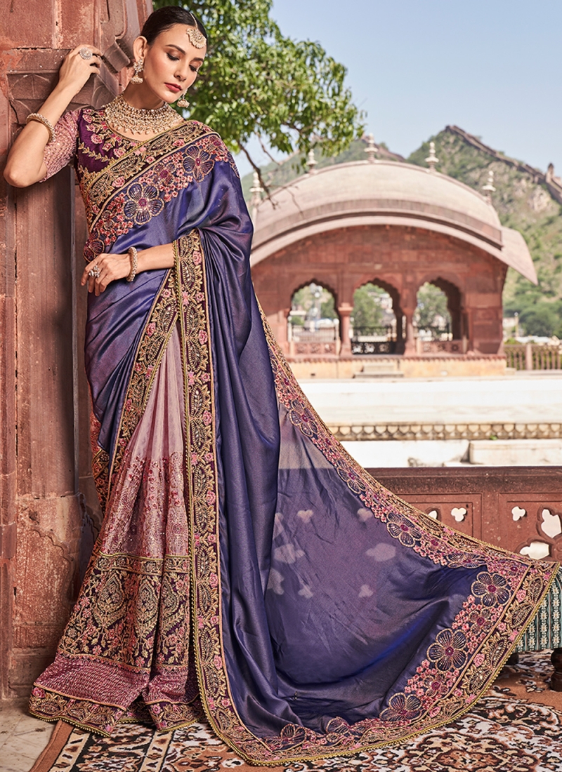 Powder blue and white half and half saree with dull gold filigree bord