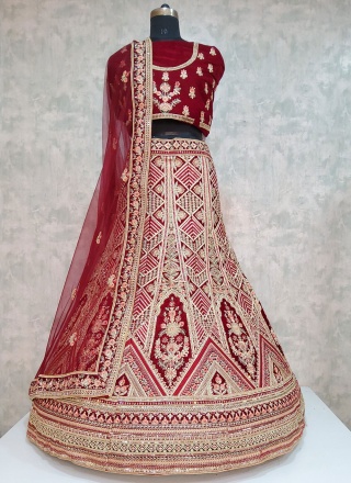 Exquisite Embroidered Maroon Velvet Trendy Lehenga Choli