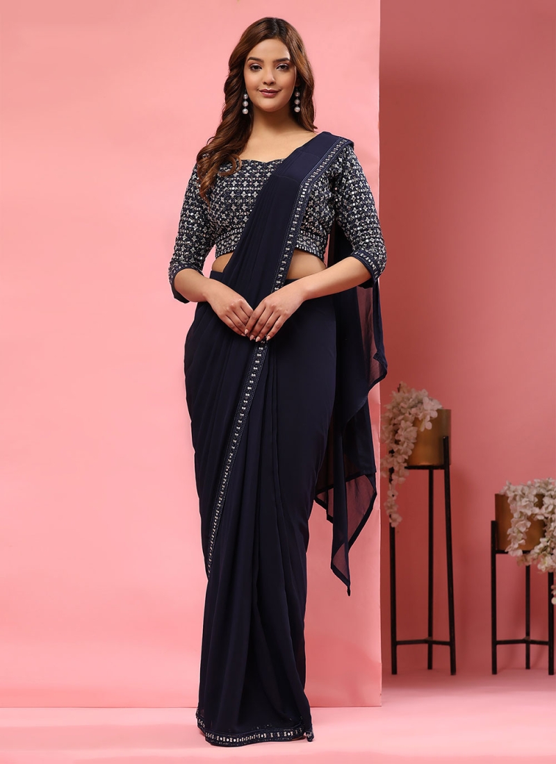 Exquisite Navy Blue Embroidered Contemporary Saree