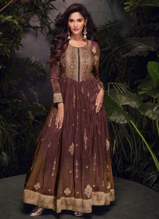 Extraordinary Brown and Purple Print Designer Gown