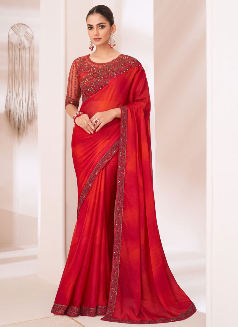 Exuberant Red Chiffon Classic Saree