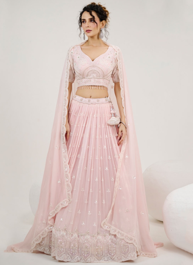 Eye-Catchy Embroidered Georgette Pink Readymade Lehenga Choli