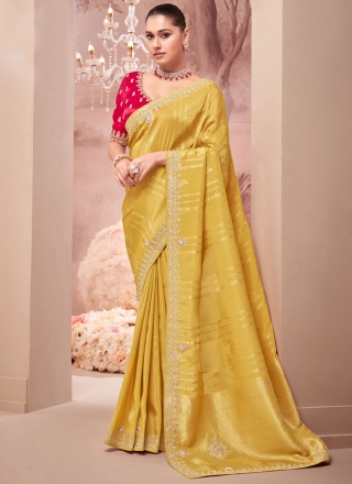 Eye-Catchy Organza Embroidered Mustard Traditional Saree