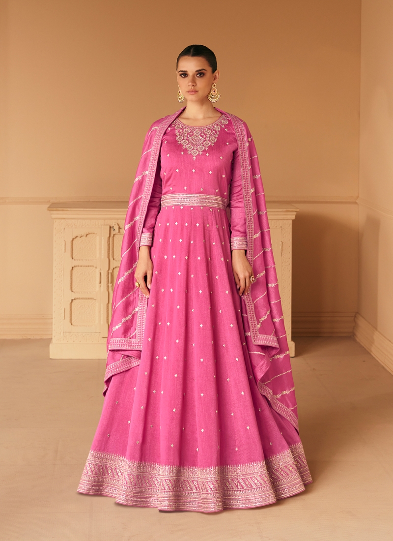 Eye-Catchy Silk Embroidered Pink Floor Length Salwar Kameez