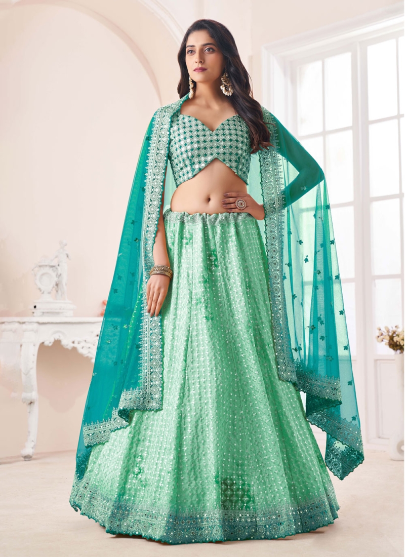 Buy Sequins Faux Crepe Sea Green Lehenga Choli Online