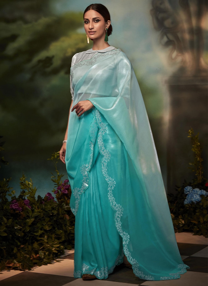 Aqua Blue Net Embroidered Classic Designer Saree for Sangeet