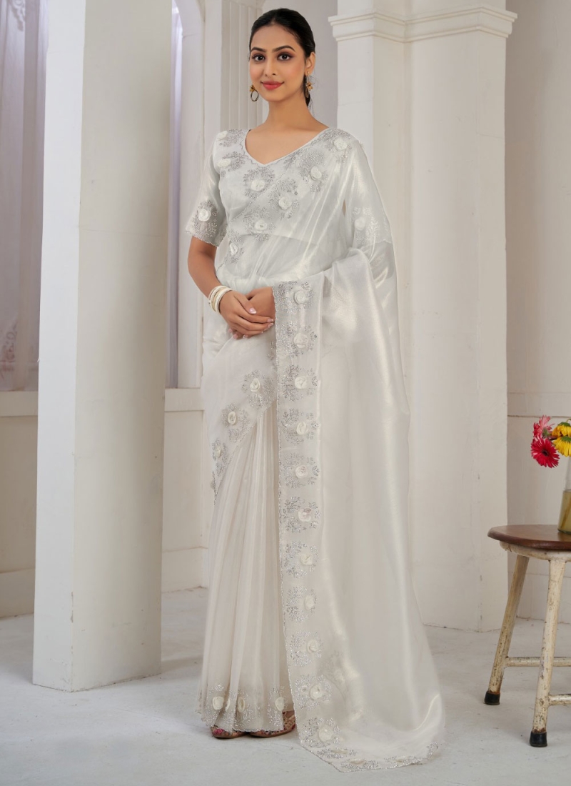 Fancy Fabric White Contemporary Saree