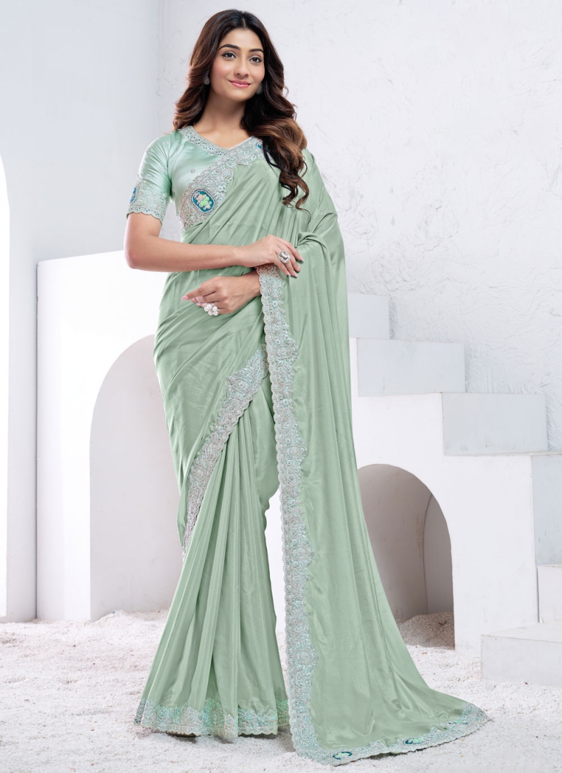 Fascinating Crepe Silk Sequins Sea Green Traditional Saree