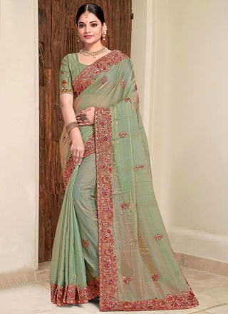 Fascinating Silk Green Embroidered Contemporary Saree