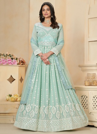 Fashionable Faux Georgette Sea Green Embroidered T