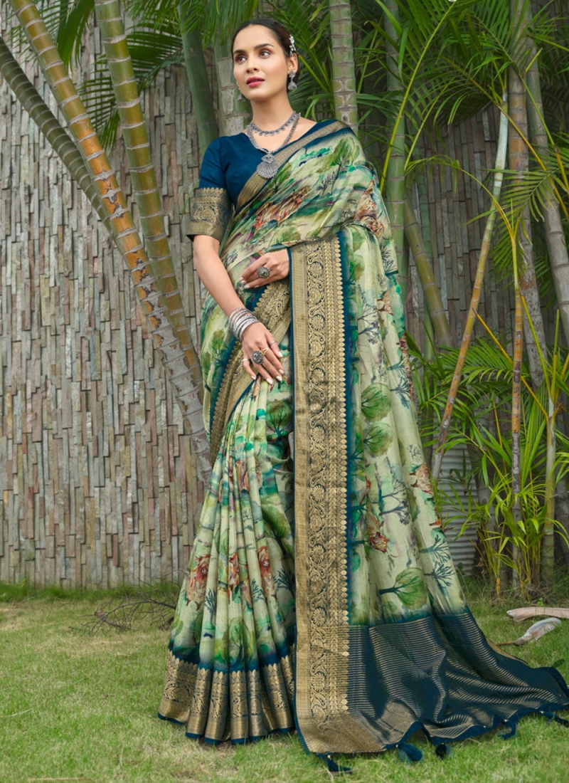 Buy Multi Colour Embroidery Work Shimmer Silk Saree Online