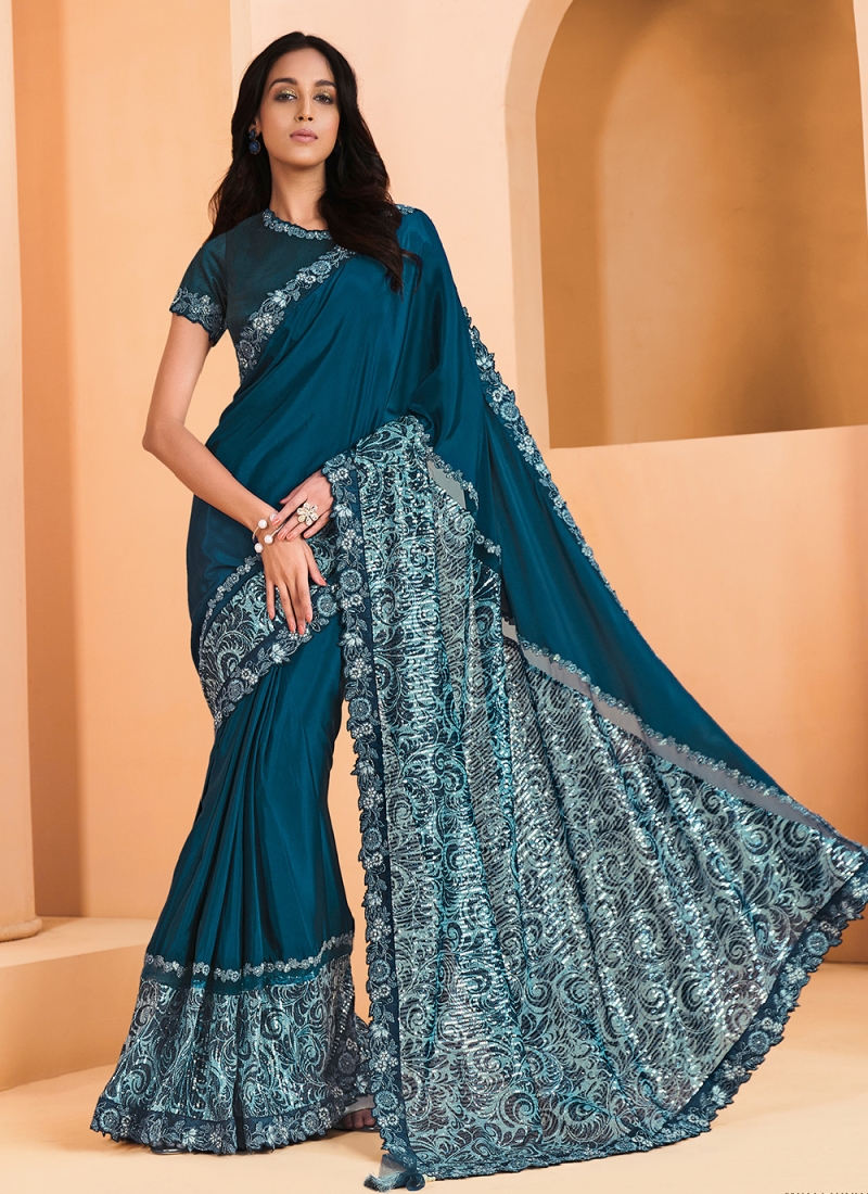 Fashionable Teal Wedding Saree