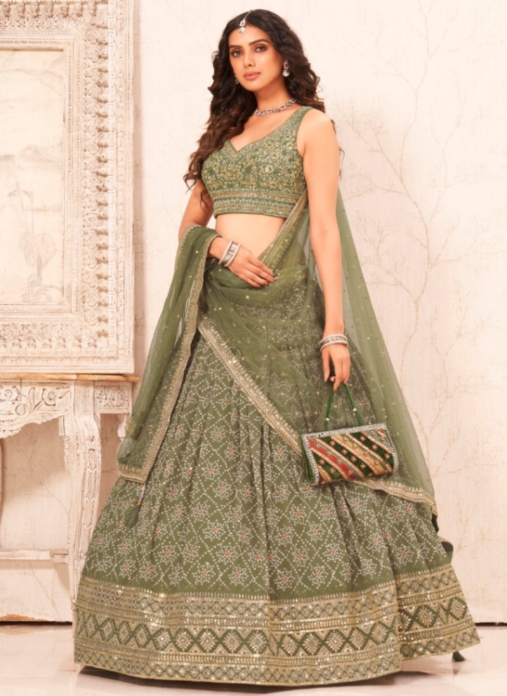 Olive Green Organza Floral Embellished Lehenga Set - Payal & Zinal-  Fabilicious Fashion