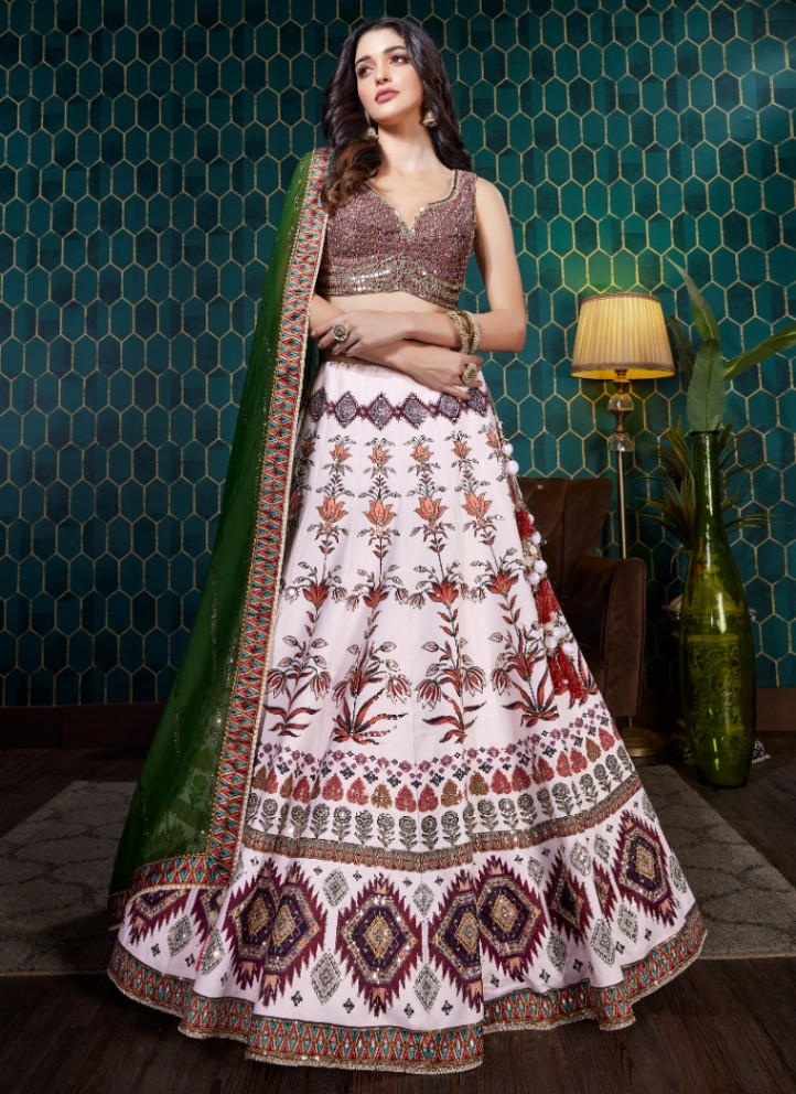 Glamorous Print & Mirror Work Lehenga Choli With Fancy Latakan Dupatta –  theFabvilla.com