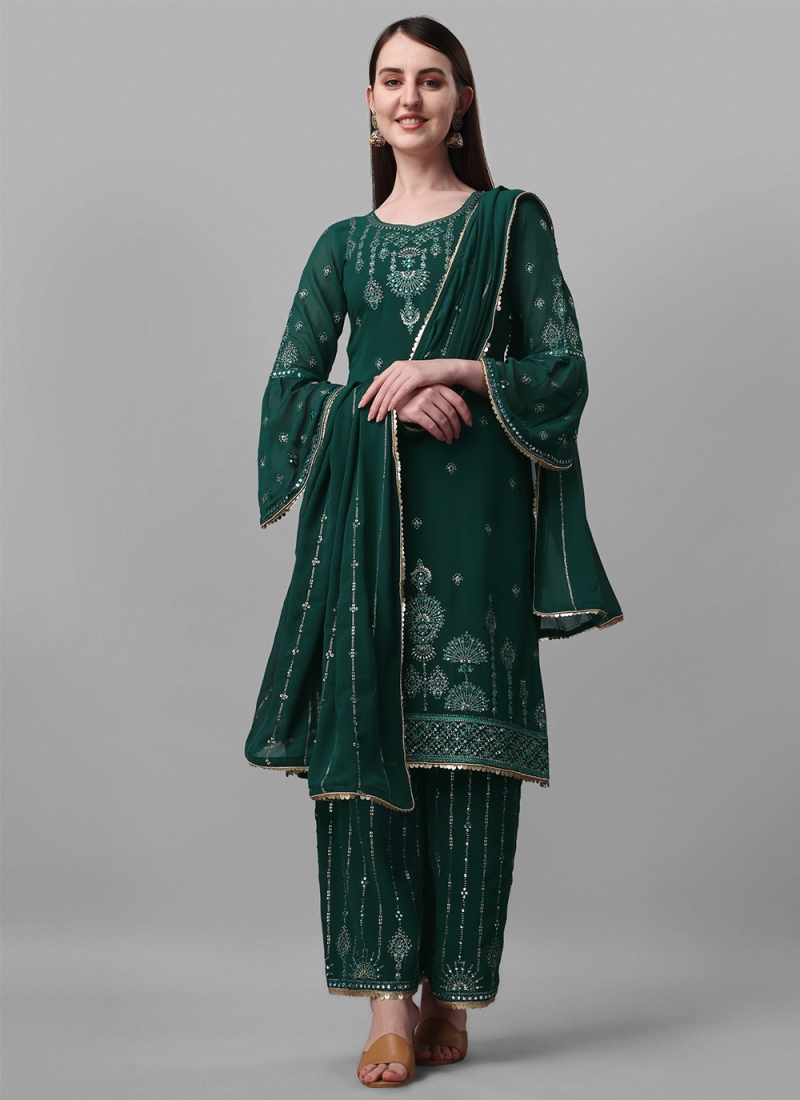 Faux Georgette Green Embroidered Salwar Kameez