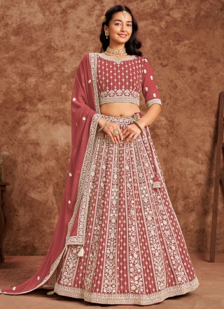 Faux Georgette Trendy Lehenga Choli in Crimson