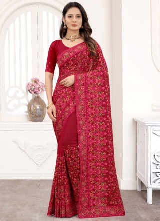 Festal Embroidered Maroon Georgette Classic Saree