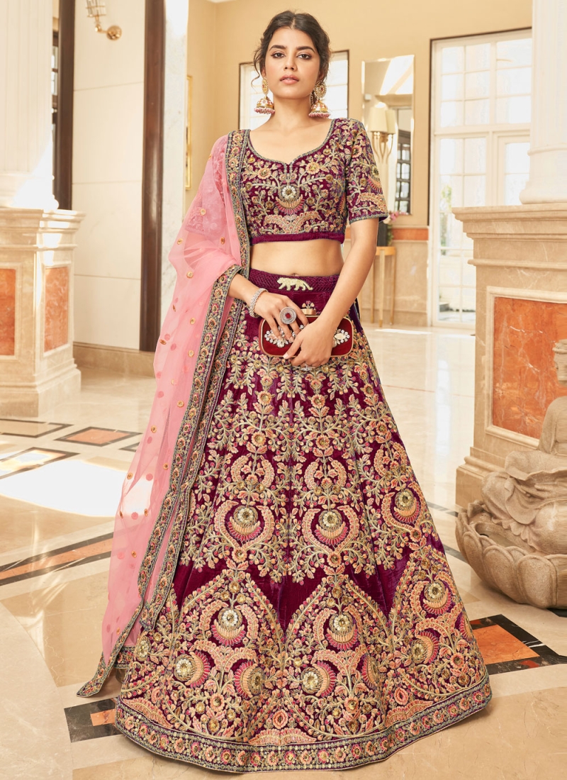 Fine Maroon Velvet Lehenga Choli