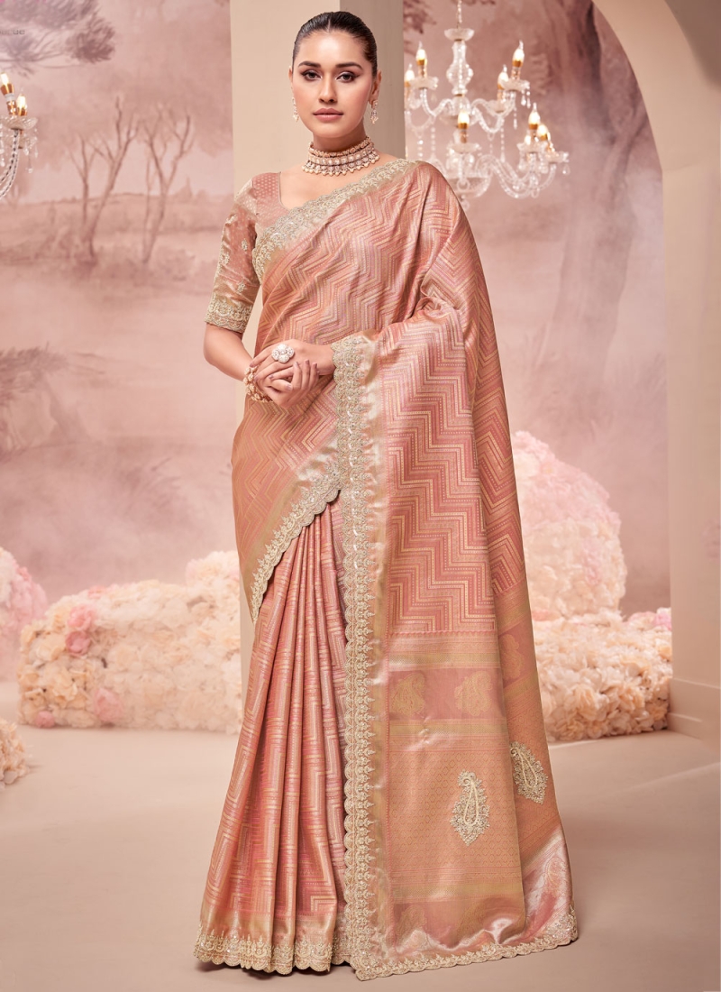 Fine Sequins Peach Banarasi Silk Classic Saree