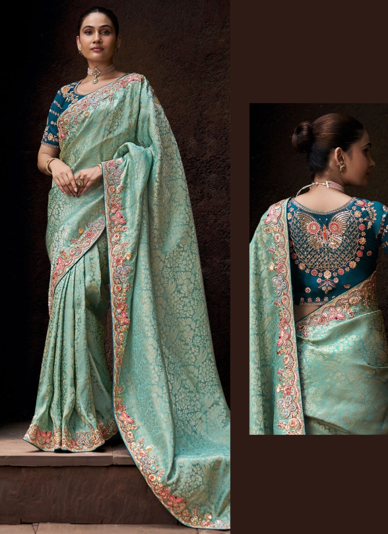 Firozi Tissue Designer Saree