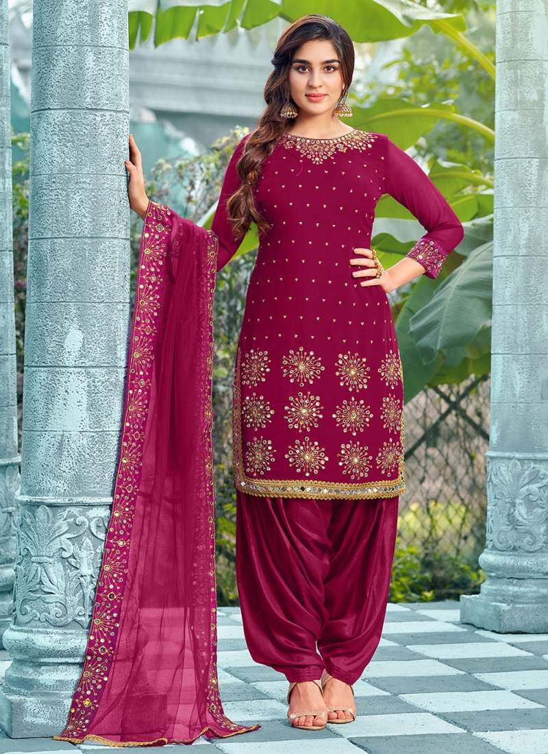 Flamboyant Embroidered Maroon Faux Georgette Patiala Salwar Suit