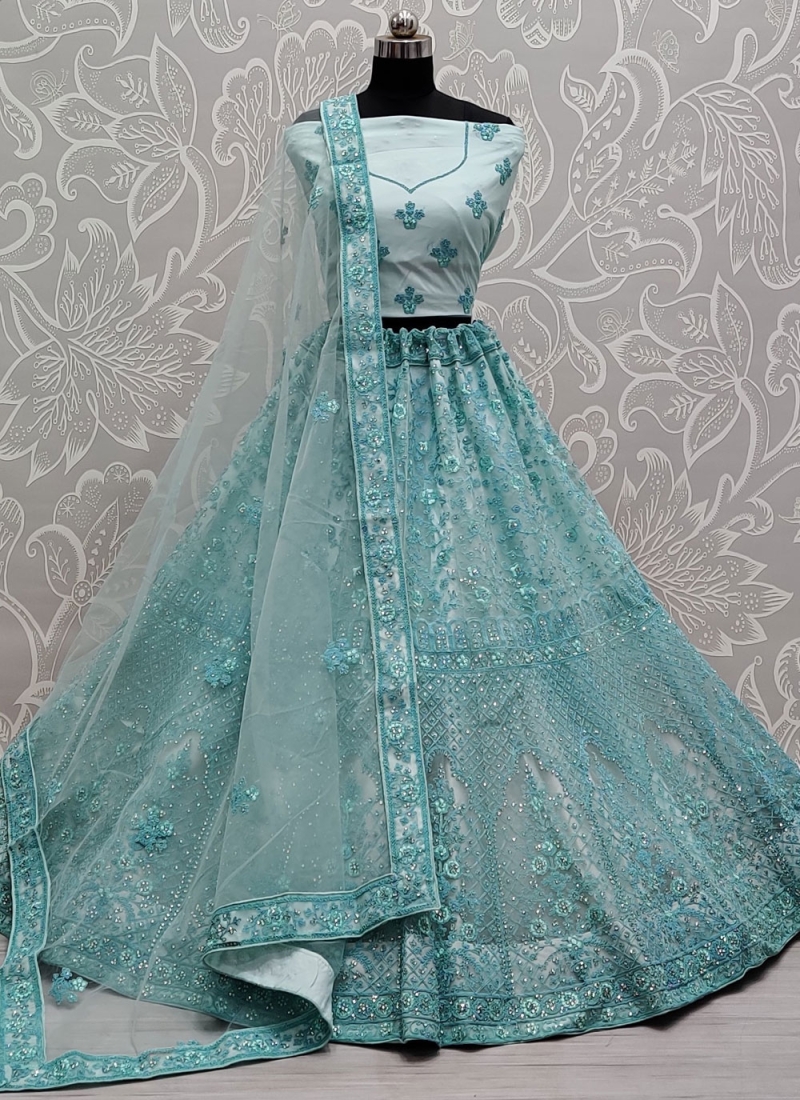 Flamboyant Net Diamond Aqua Blue Lehenga Choli