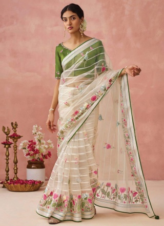 Flamboyant Print White Brasso Contemporary Saree