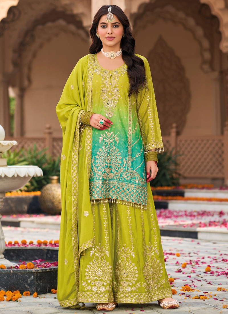 Flattering Green and Turquoise Chinon Trendy Salwar Kameez