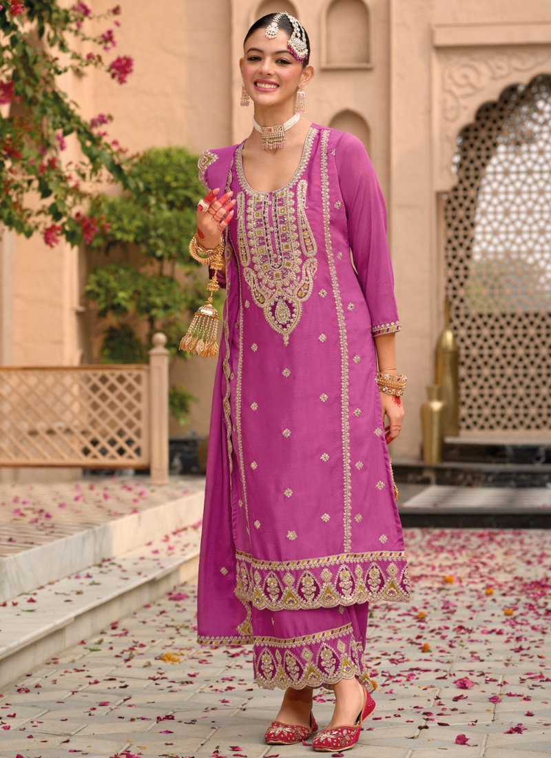 Flattering Magenta and Rani Embroidered Chinon Readymade Salwar Kameez