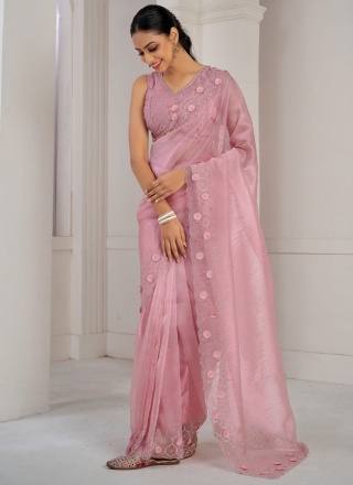 Flattering Sequins Peach and Pink Trendy Saree