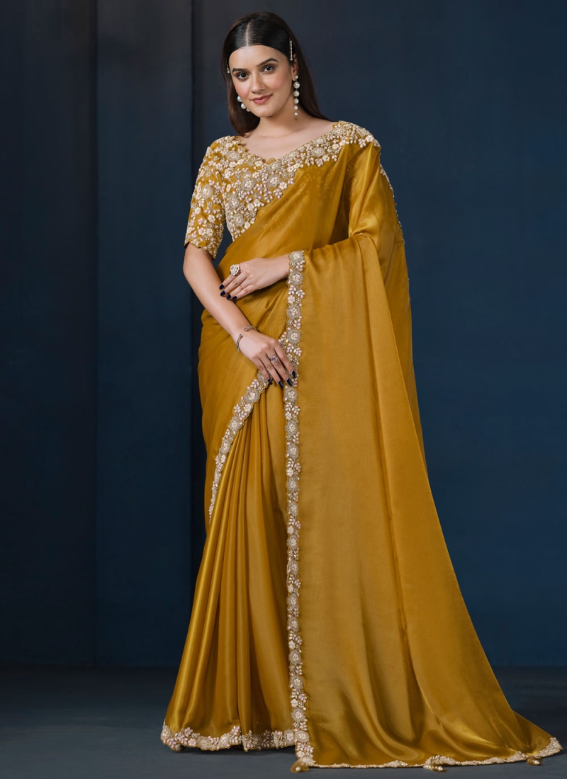 Flattering Thread Mustard Satin Silk Classic Saree