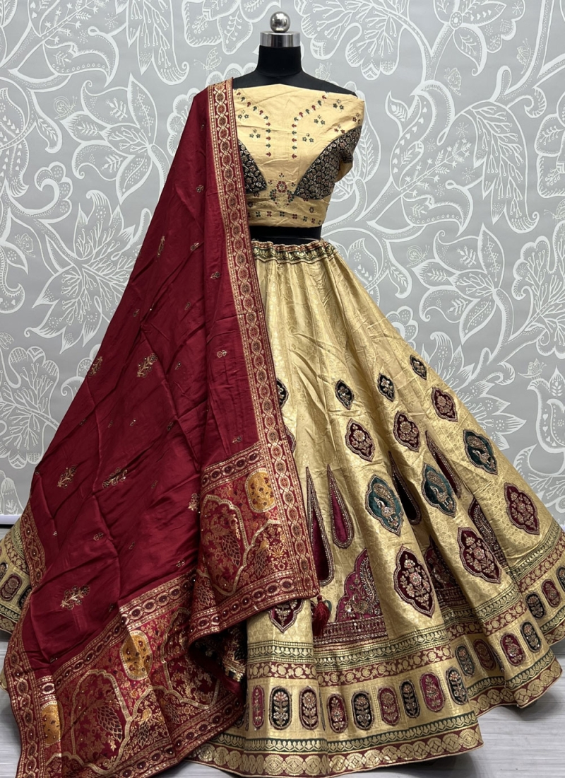 Flawless Banarasi Silk Patchwork Cream Designer Lehenga Choli