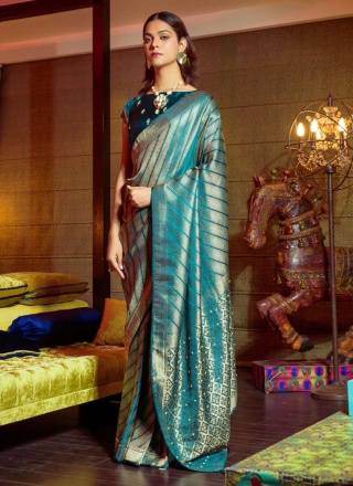 Flawless Embroidered Satin Firozi Contemporary Saree