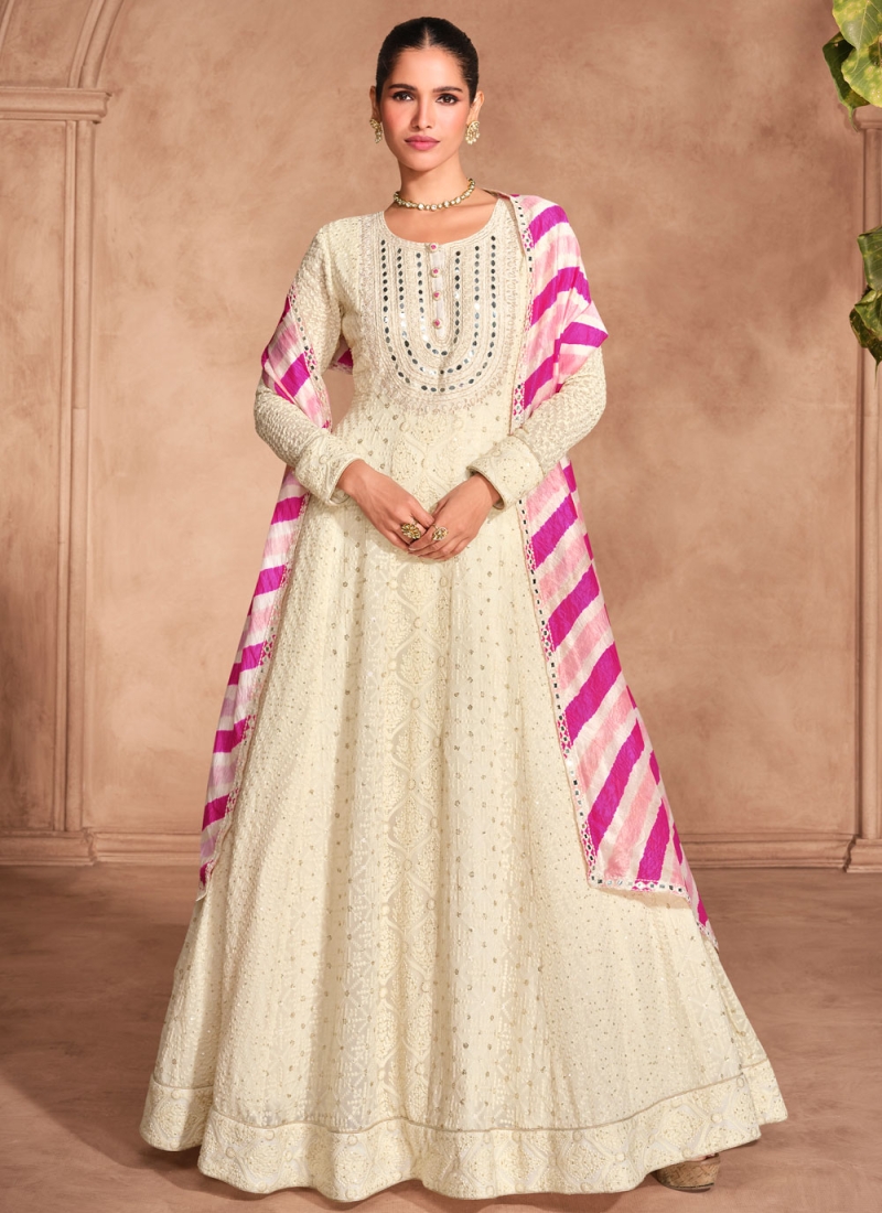 Floor Length Gown Chikankari Work Georgette in Cream