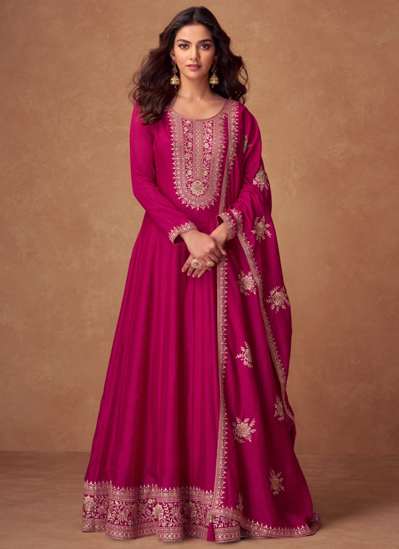 Floor Length Gown Embroidered Silk in Magenta and Rani