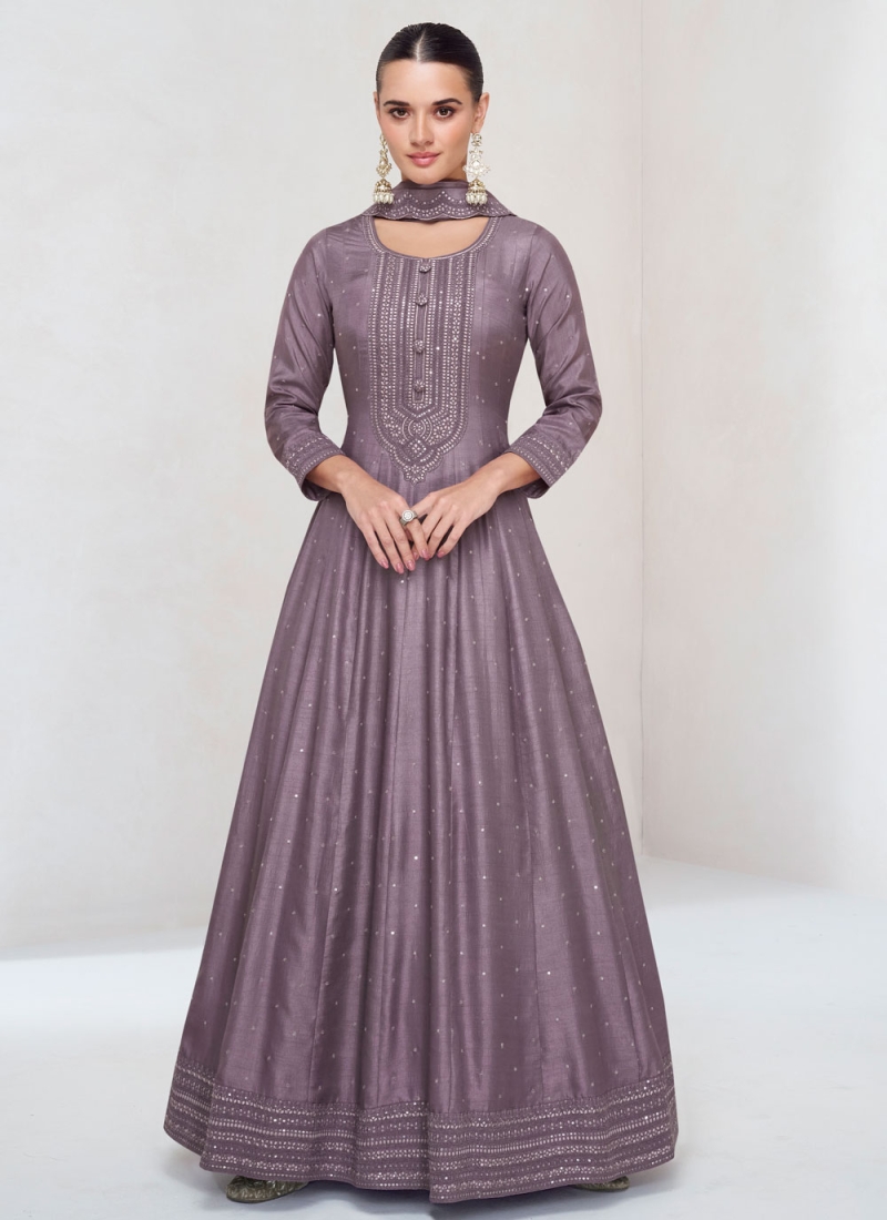 Floor Length Gown Embroidered Silk in Purple