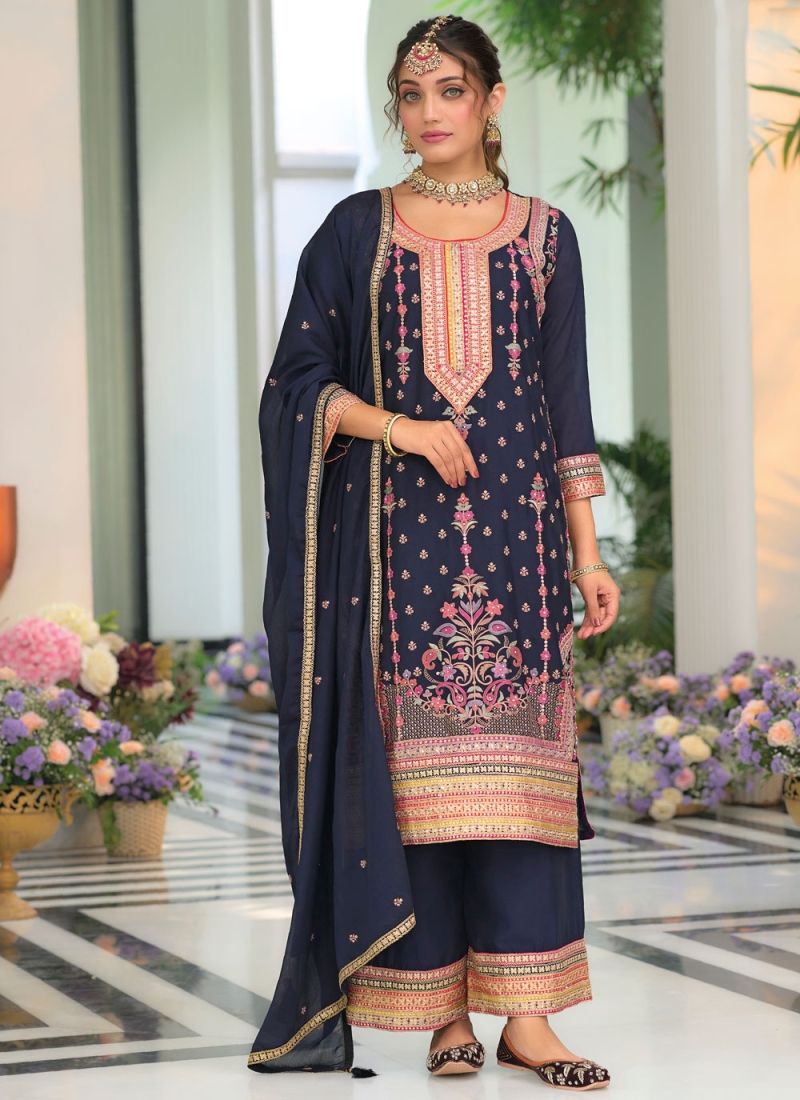 Floral Chinon Embroidered Navy Blue Designer Salwar Kameez