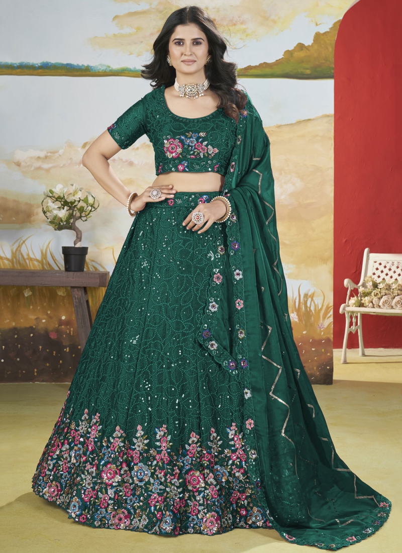 Floral Patterns Chinon Trendy Lehenga Choli in Green